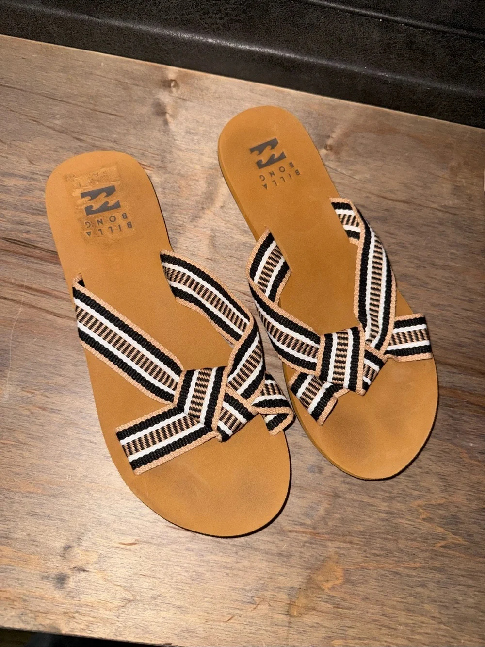 Billabong Tan Slide Sandals with Black & White Striped Knotted Straps